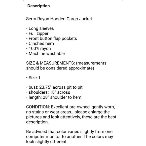 Serra Rayon Spring Hooded Cargo Jacket  Size L  Full Zip Gray  Travel  Outdoor - Picture 7 of 7